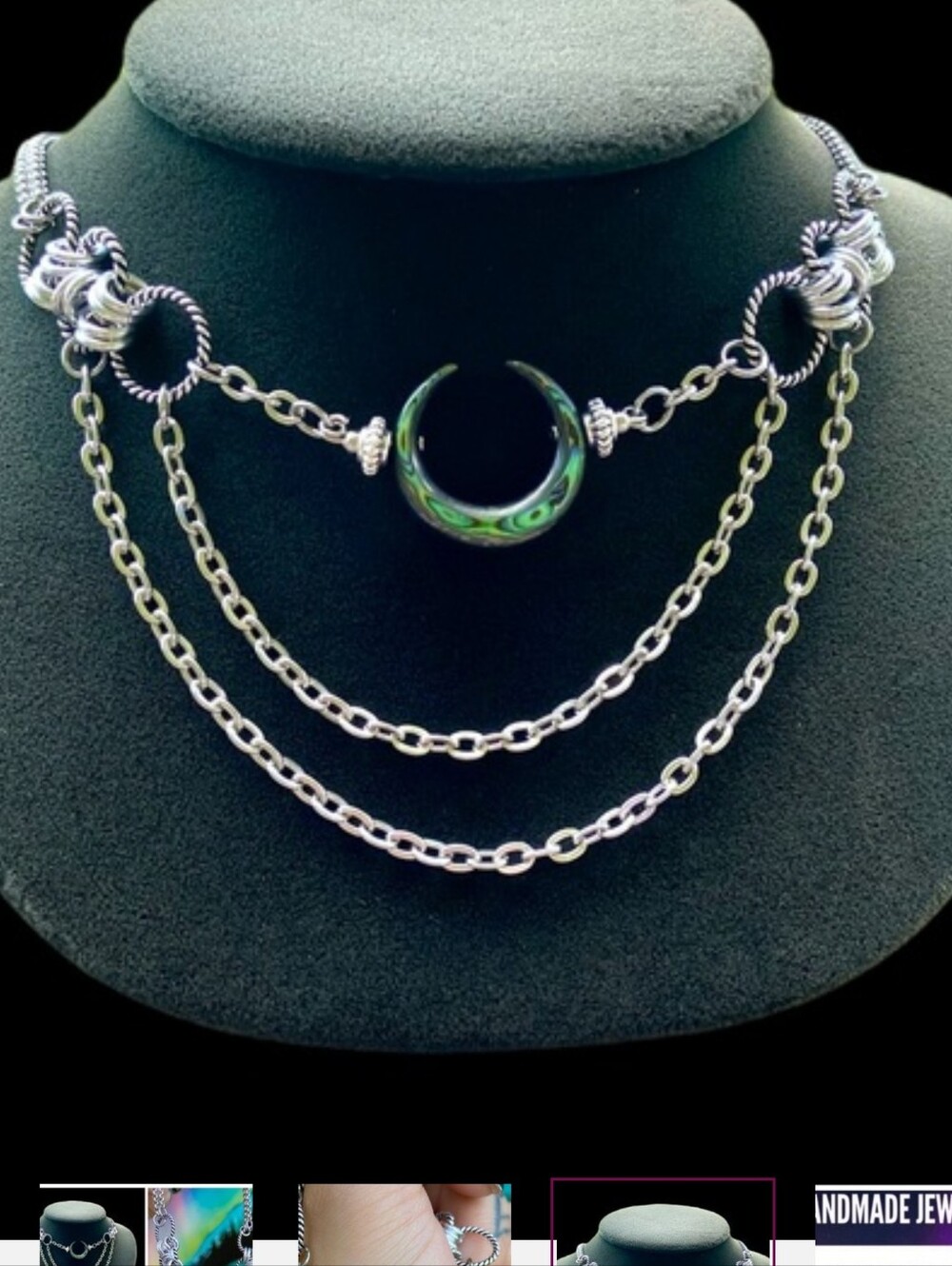NWOT-Handmade maille choker & Abalone crecent moon lunula horns charm necklace.